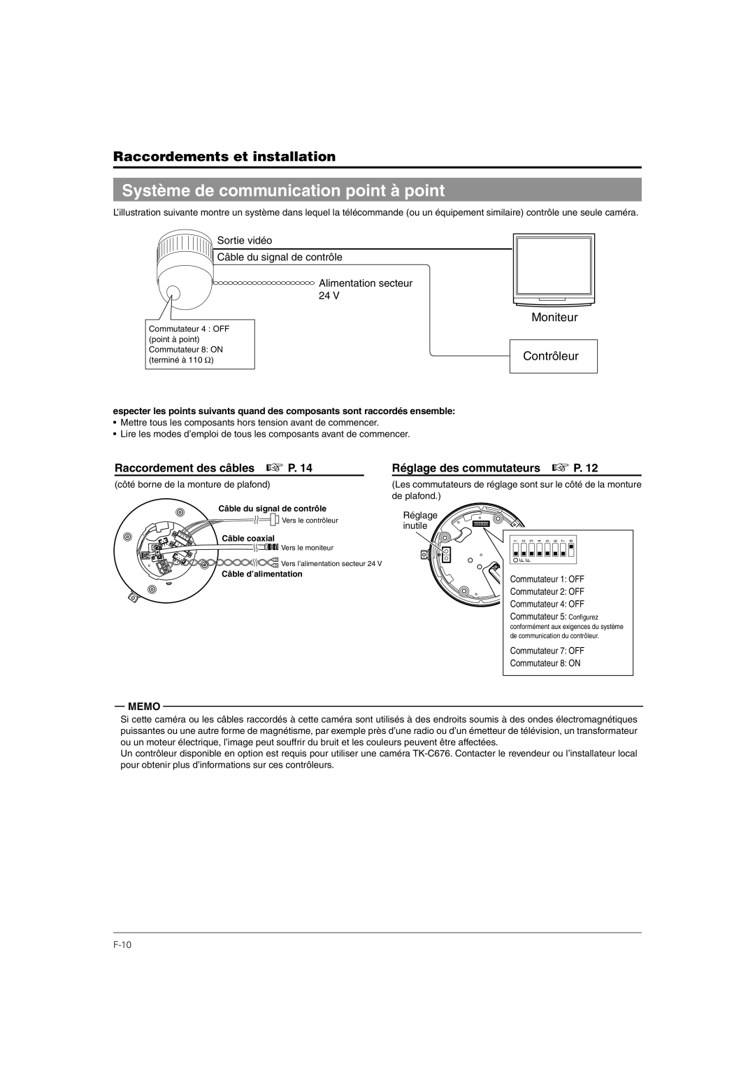 JVC TK-C676 manual Système de communication point à point, Raccordement des câbles P, Commutateur 7 OFF Commutateur 8 on 