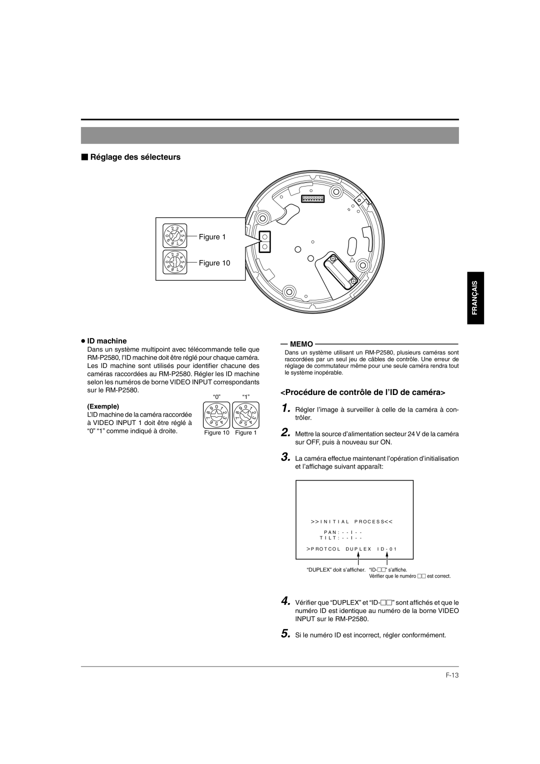 JVC TK-C676 manual  Réglage des sélecteurs, Procédure de contrôle de l’ID de caméra, ID machine, Exemple 