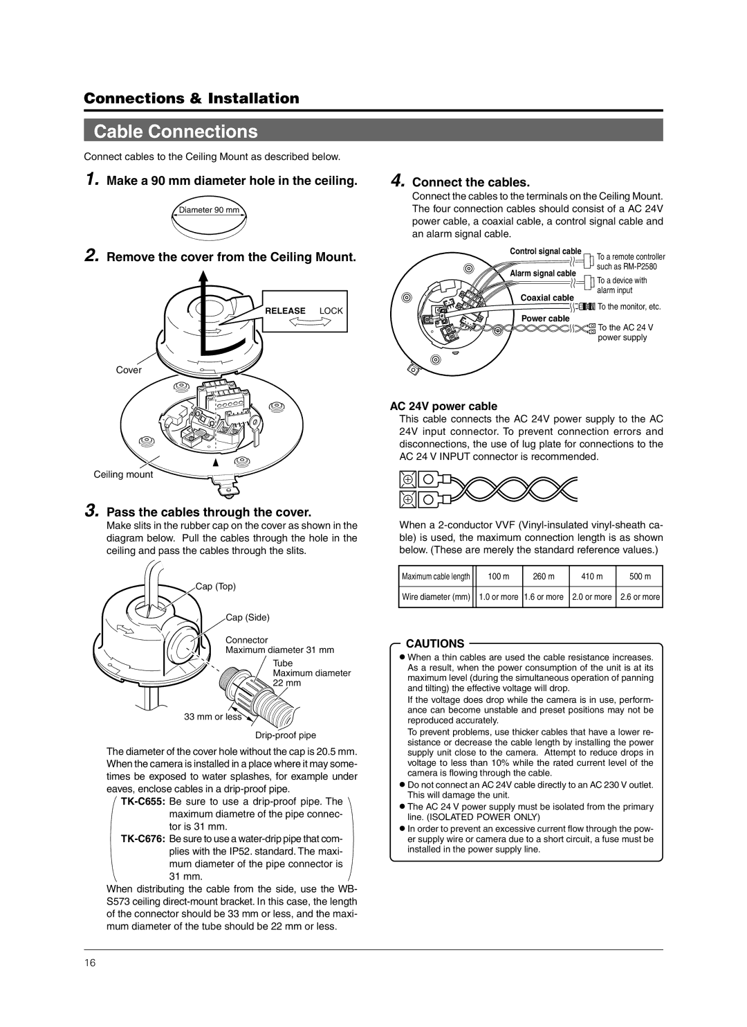 JVC TK-C676 manual Cable Connections, Make a 90 mm diameter hole in the ceiling, Connect the cables 