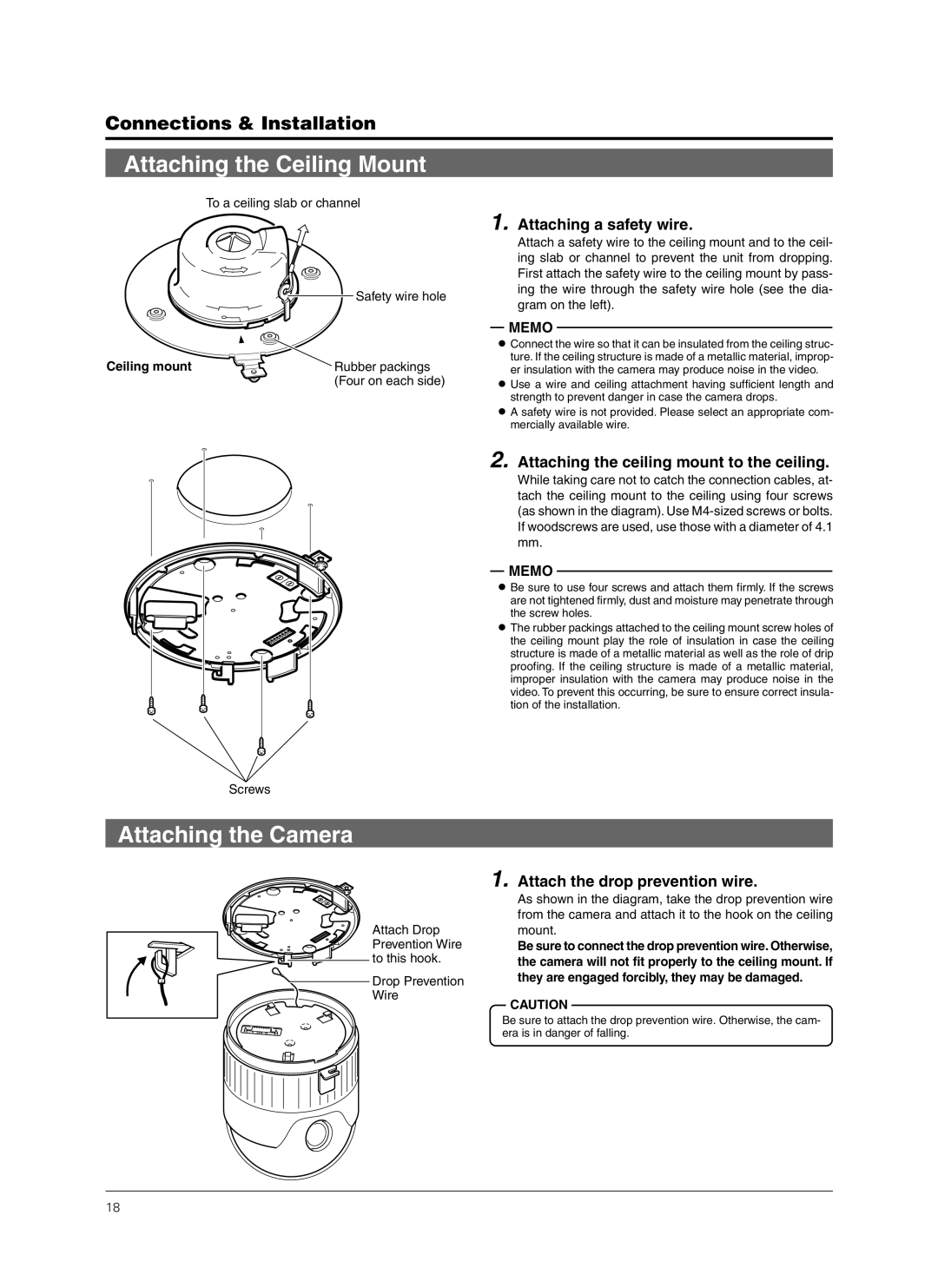 JVC TK-C676 Attaching the Ceiling Mount, Attaching the Camera, Attaching a safety wire, Attach the drop prevention wire 