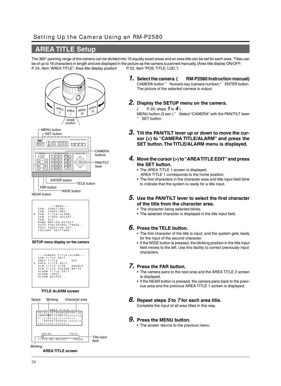 JVC TK-C676 manual Area Title Setup, Display the Setup menu on the camera, Press the FAR button 