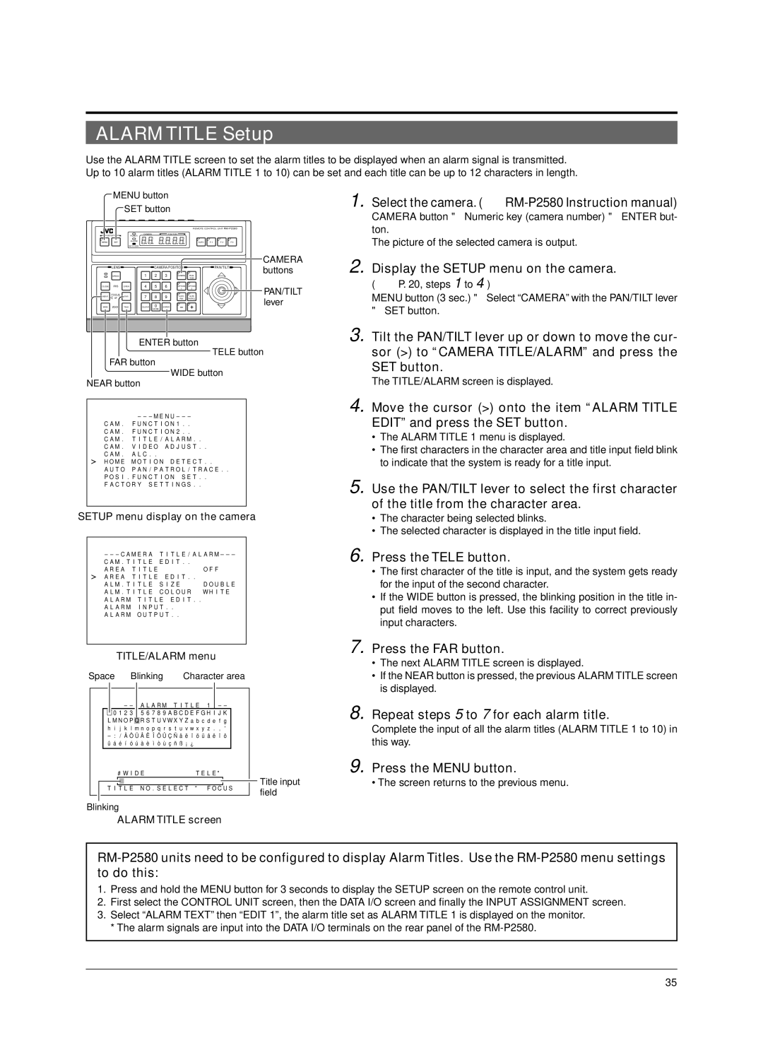 JVC TK-C676 Alarm Title Setup, Repeat steps 5 to 7 for each alarm title, TITLE/ALARM screen is displayed, TITLE/ALARM menu 