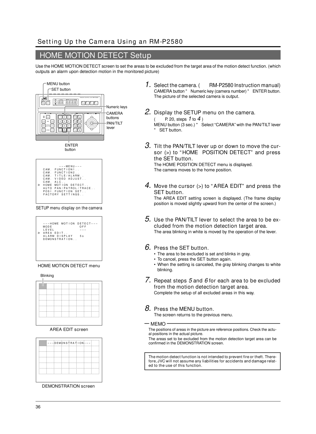 JVC TK-C676 manual Home Motion Detect Setup, Move the cursor to Area Edit and press the SET button, Home Motion Detect menu 