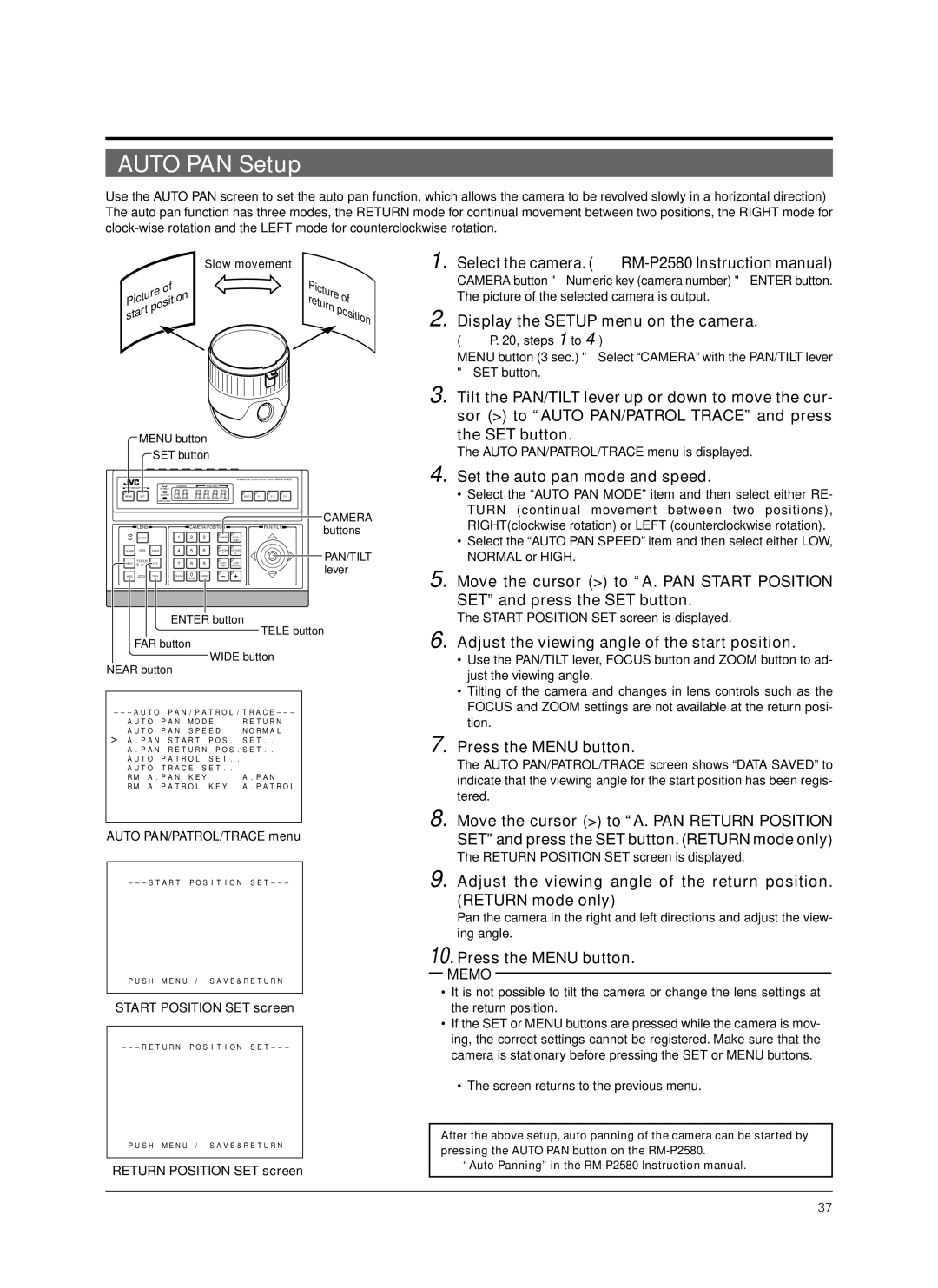 JVC TK-C676 manual Auto PAN Setup, Set the auto pan mode and speed, Adjust the viewing angle of the start position 