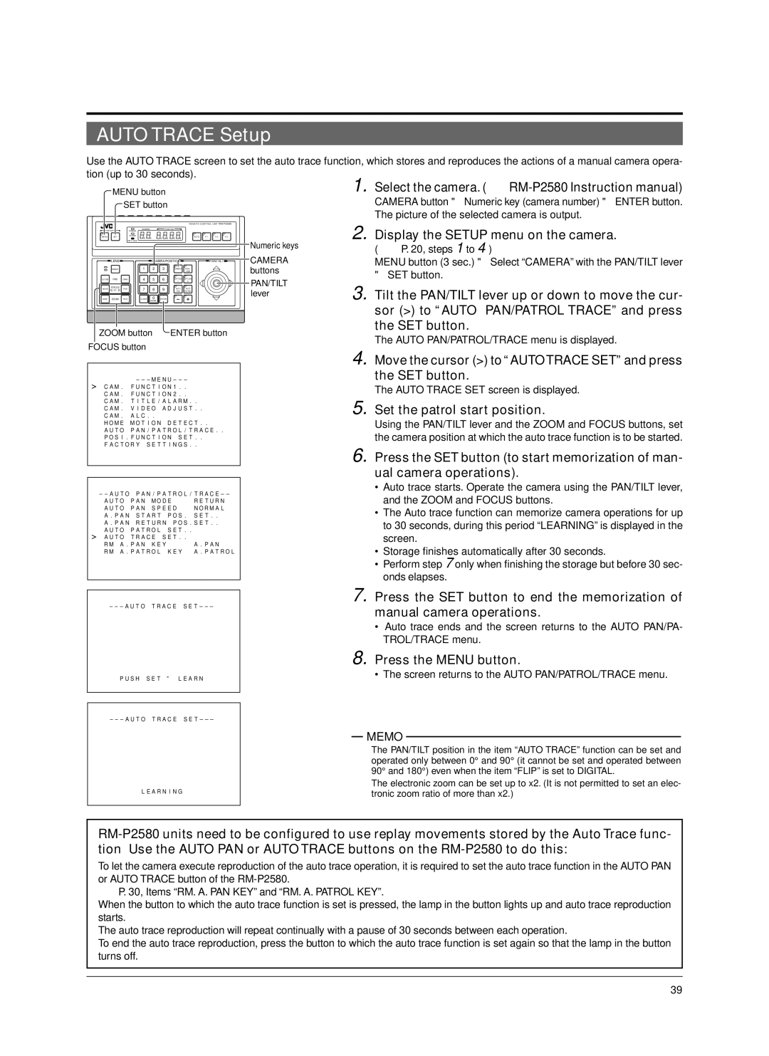 JVC TK-C676 Auto Trace Setup, Move the cursor to Auto Trace SET and press the SET button, Set the patrol start position 