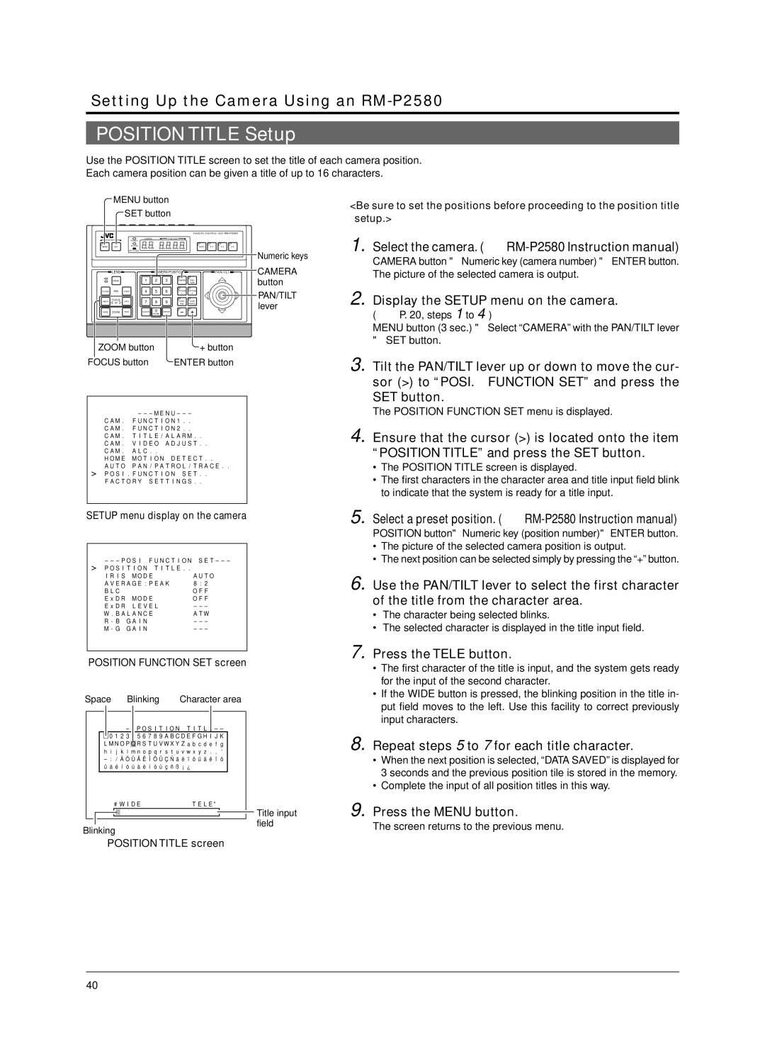 JVC TK-C676 manual Position Title Setup, Repeat steps 5 to 7 for each title character, Position Function SET screen 