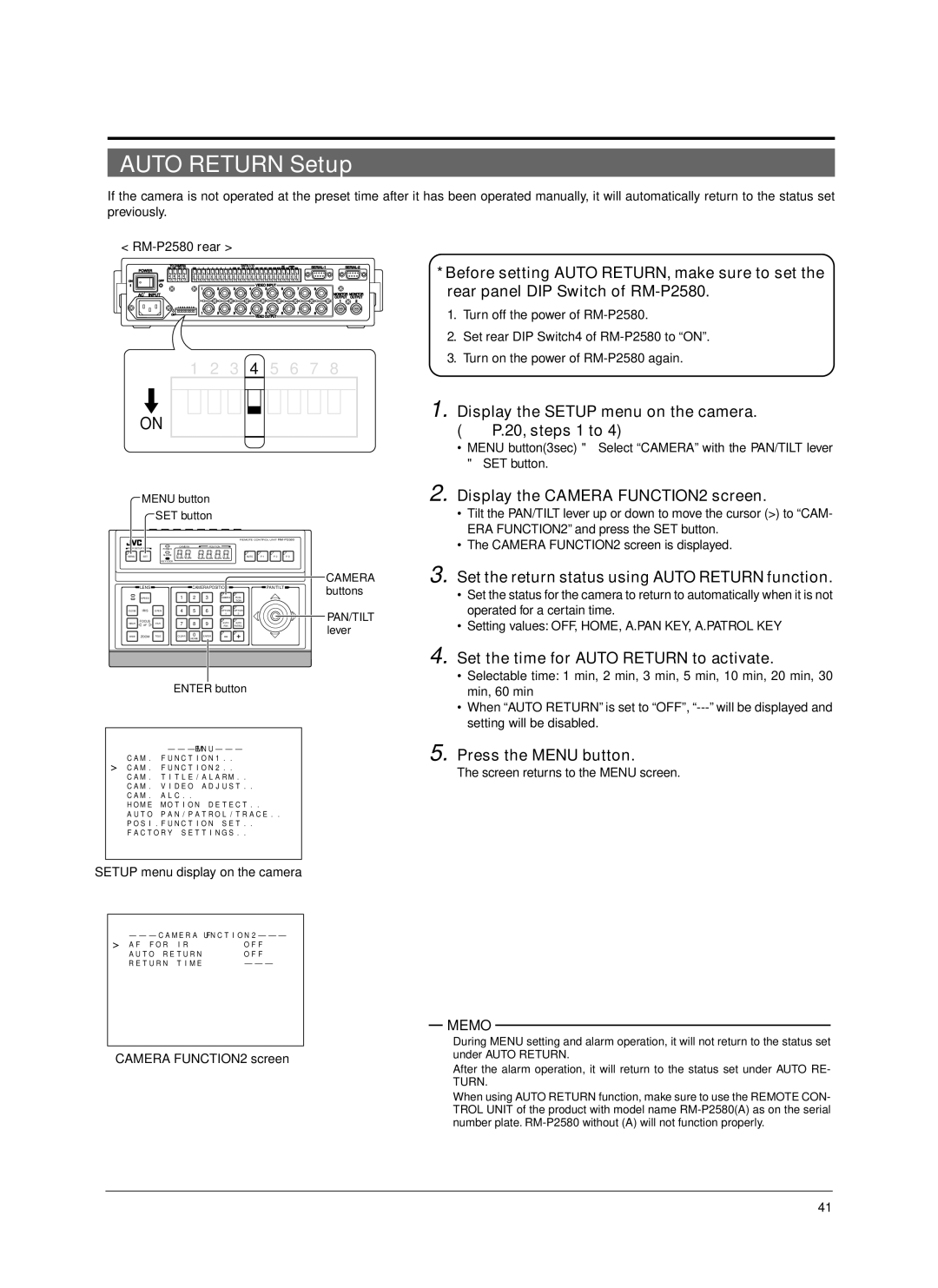 JVC TK-C676 Auto Return Setup, Display the Setup menu on the camera. P.20, steps 1 to, Display the Camera FUNCTION2 screen 