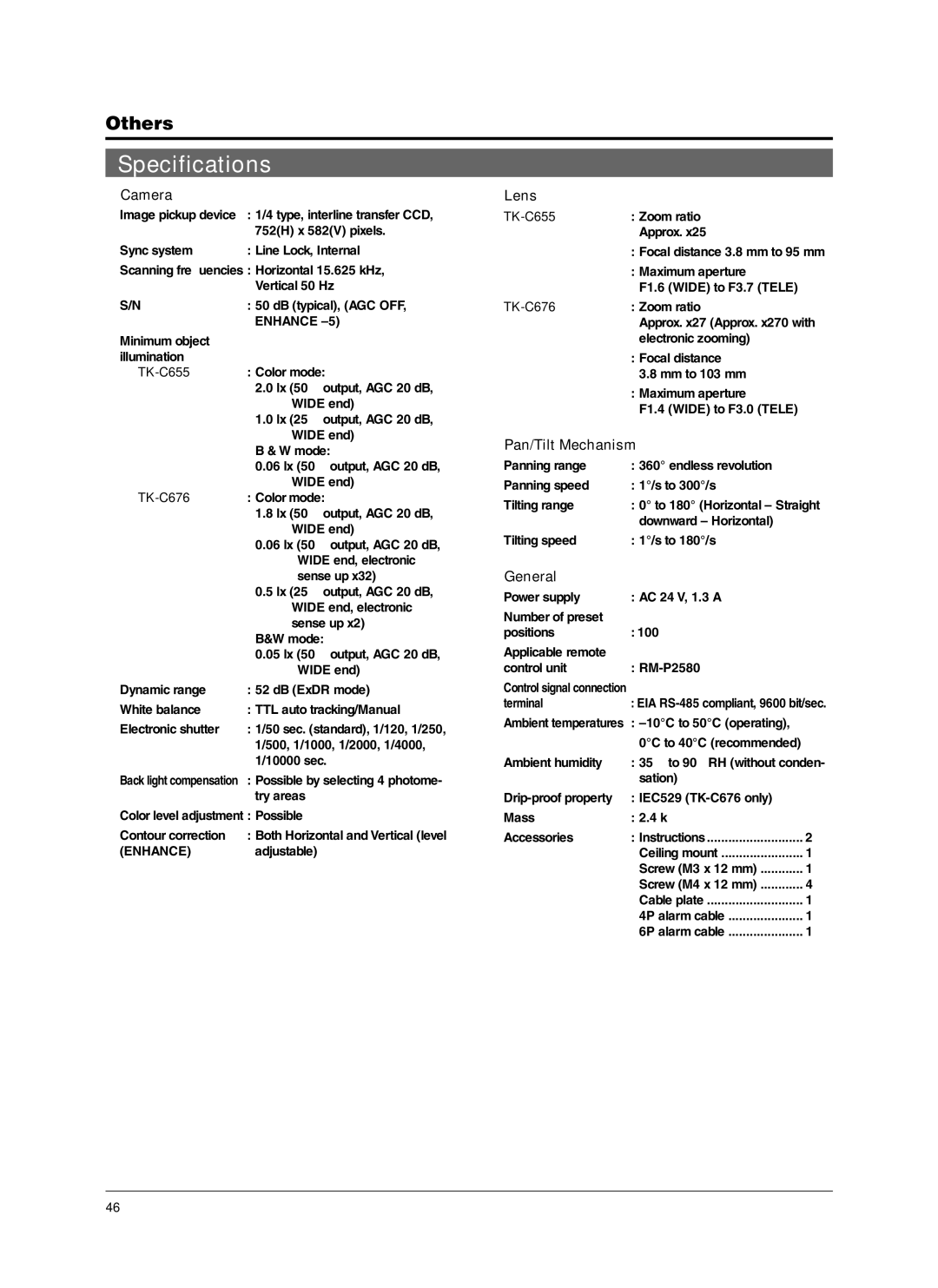 JVC TK-C676 manual Specifications, Camera, Pan/Tilt Mechanism, General 