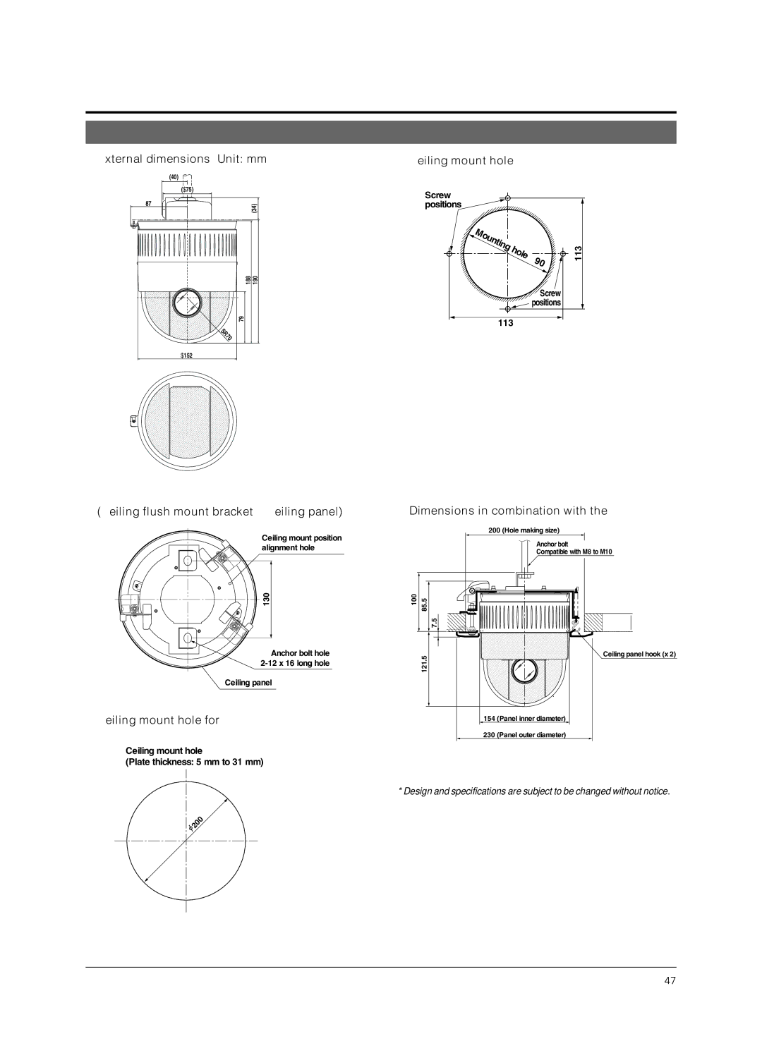 JVC TK-C676 manual External dimensions Unit mm, Ceiling mount hole, WB-S575 Ceiling flush mount bracket + Ceiling panel 