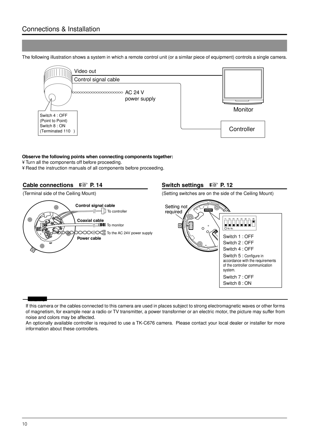 JVC TK-C676 manual Point-to-Point Communication System, Terminal side of the Ceiling Mount, Switch 7 OFF Switch 8 on 