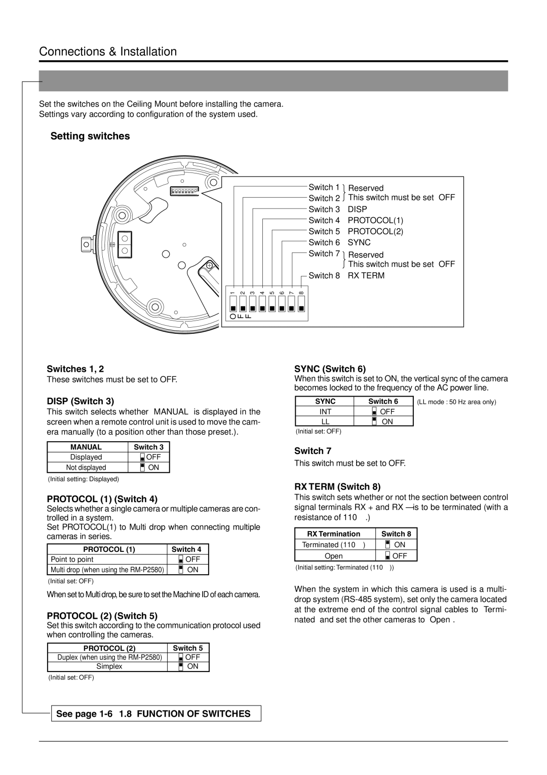 JVC TK-C676 manual Switch Settings,  Setting switches 