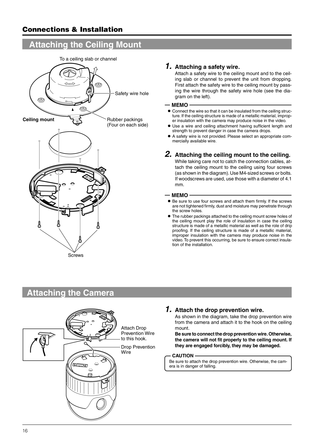 JVC TK-C676 Attaching the Ceiling Mount, Attaching the Camera, Attaching a safety wire, Attach the drop prevention wire 