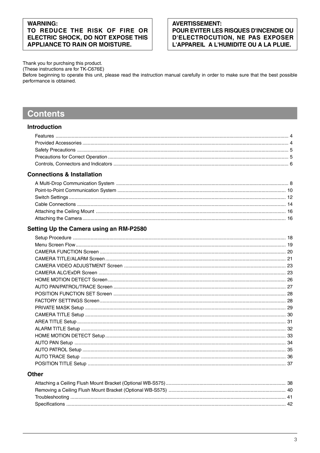 JVC TK-C676 manual Contents 