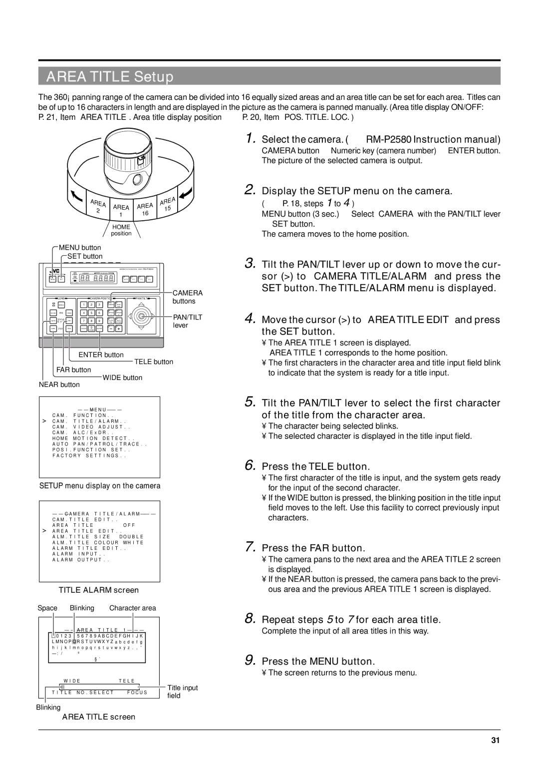 JVC TK-C676 manual Area Title Setup, Move the cursor to Area Title Edit and press the SET button, Press the FAR button 