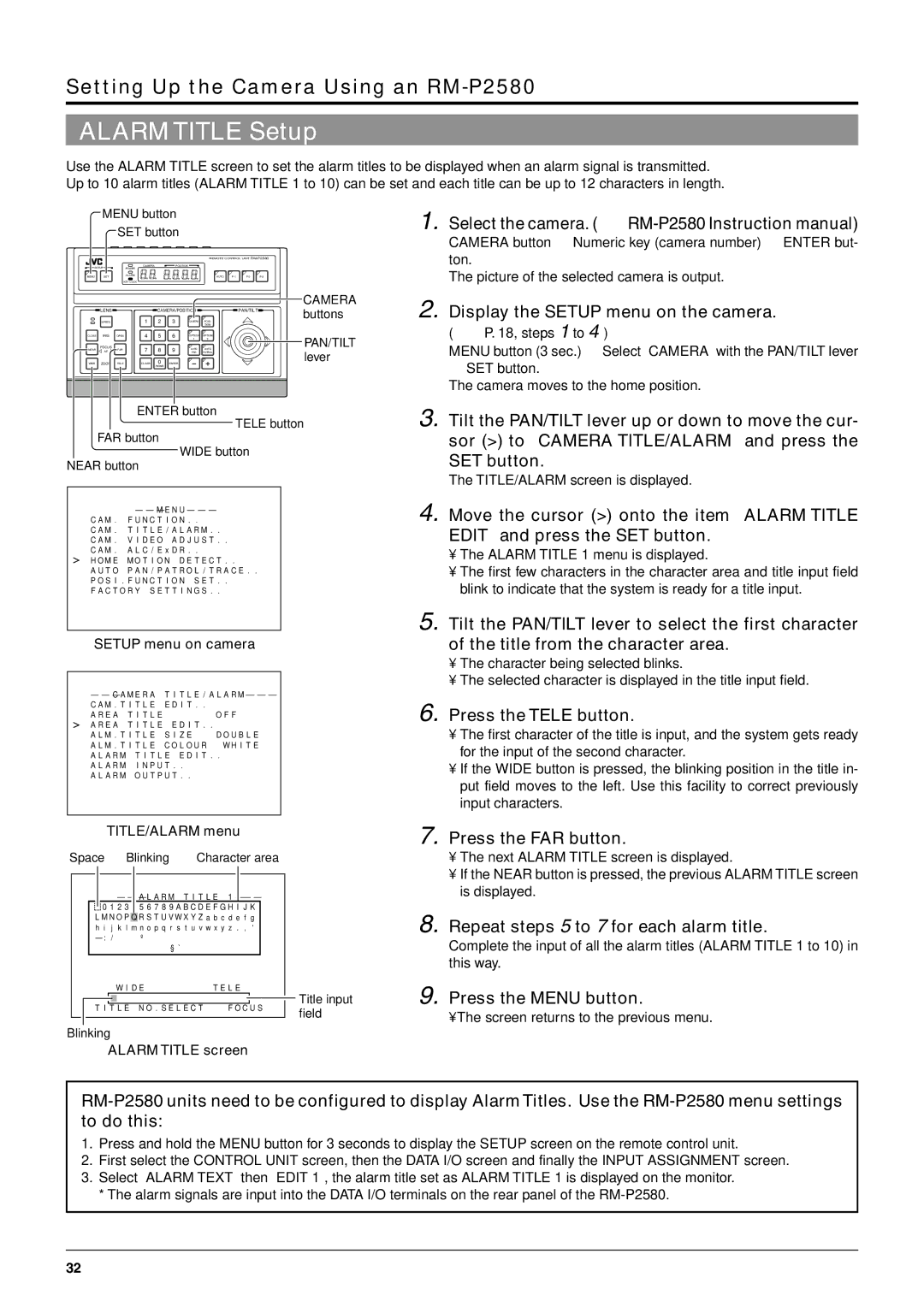 JVC TK-C676 manual Alarm Title Setup, Display the Setup menu on the camera, Repeat steps 5 to 7 for each alarm title 