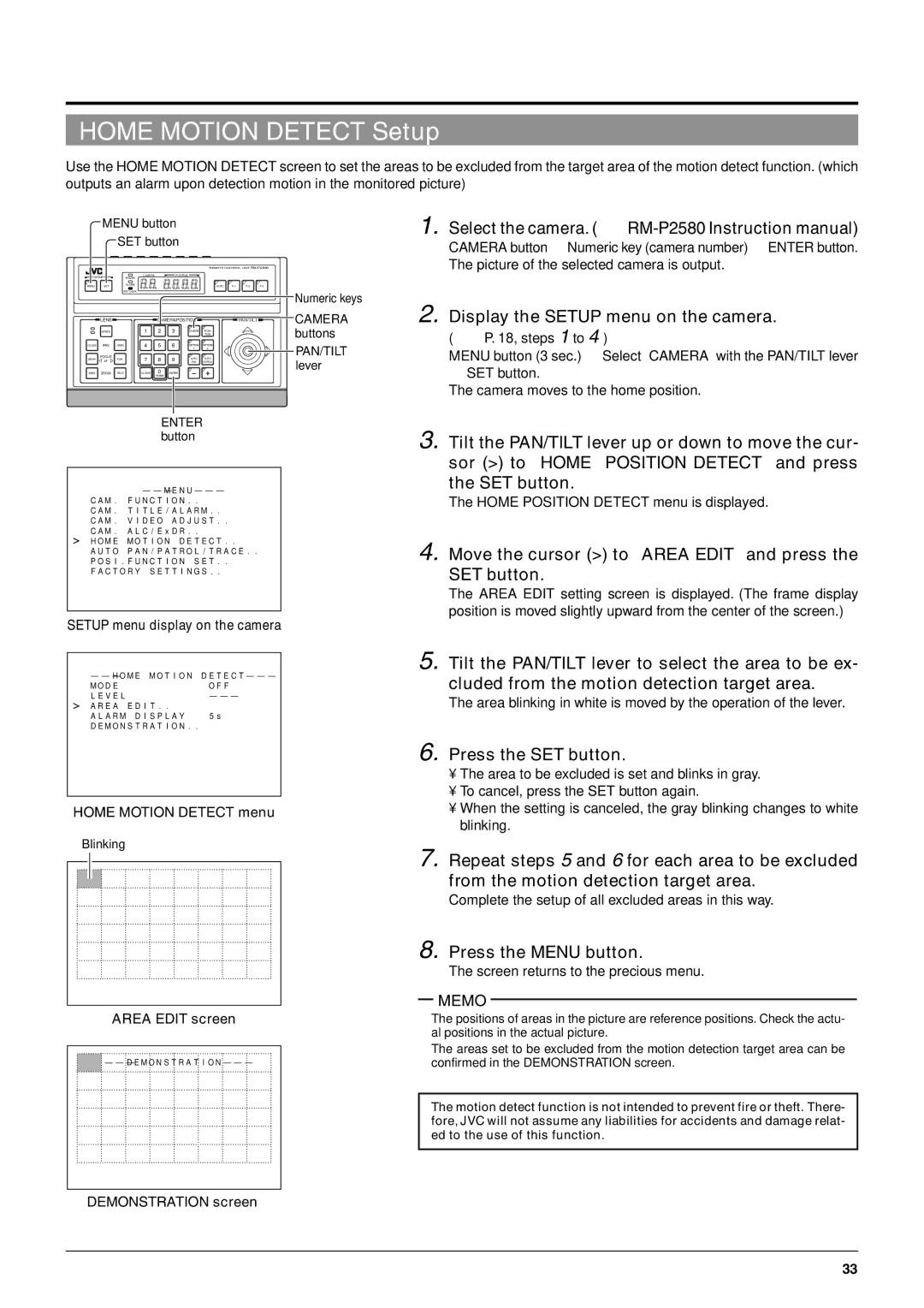 JVC TK-C676 manual Home Motion Detect Setup, Move the cursor to Area Edit and press the SET button, Home Motion Detect menu 