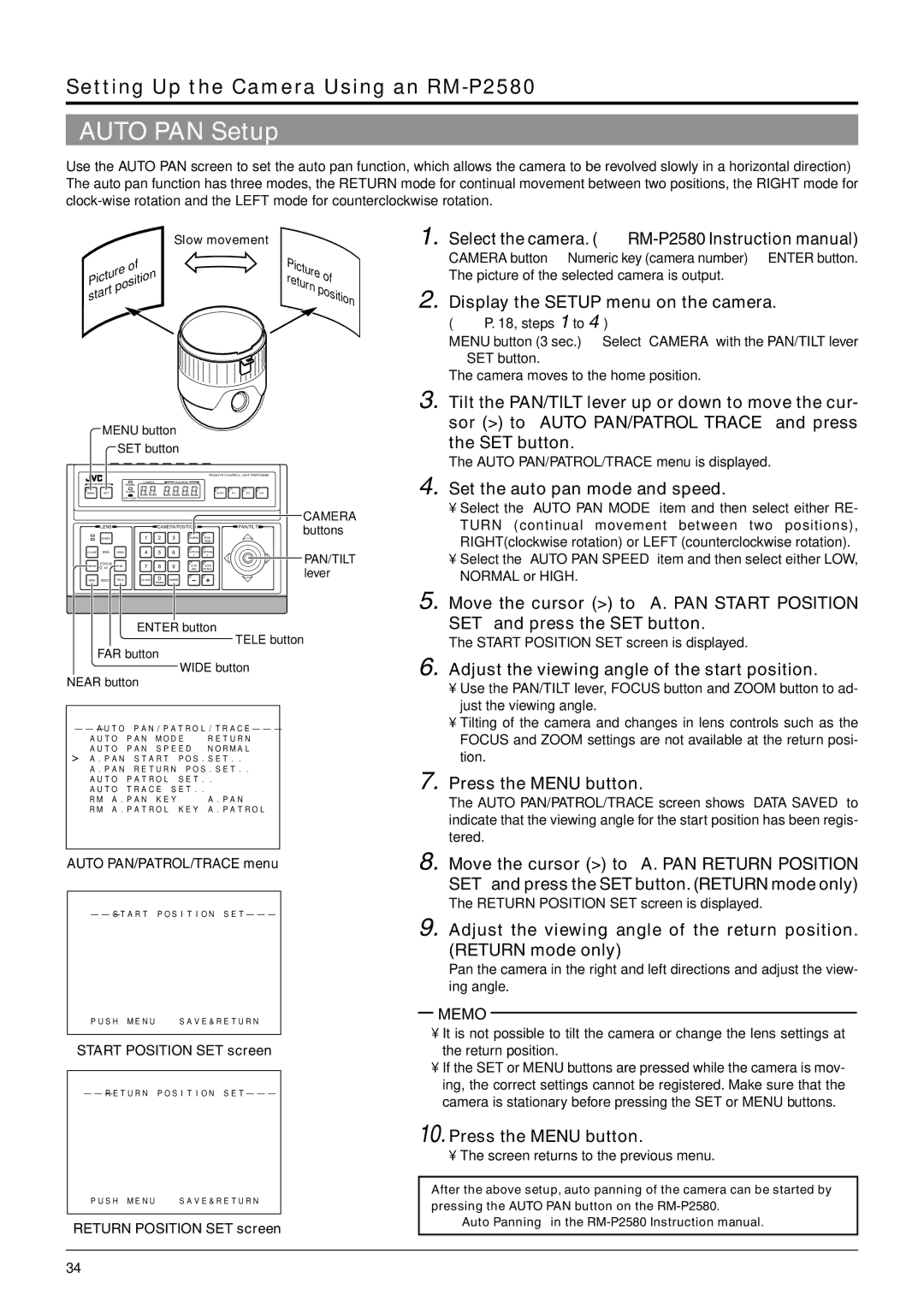 JVC TK-C676 manual Auto PAN Setup, Set the auto pan mode and speed, Adjust the viewing angle of the start position 