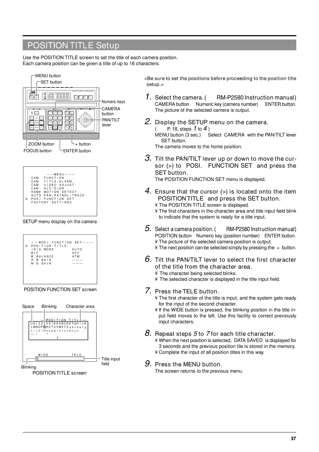 JVC TK-C676 manual Position Title Setup, Repeat steps 5 to 7 for each title character, Position Function SET screen 