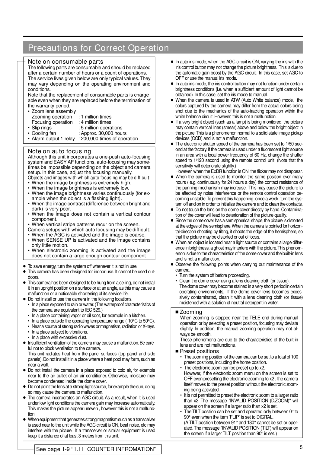 JVC TK-C676 Precautions for Correct Operation,  Zooming,  Preset positions, → See page 1-9 1.11 Counter Infromation 