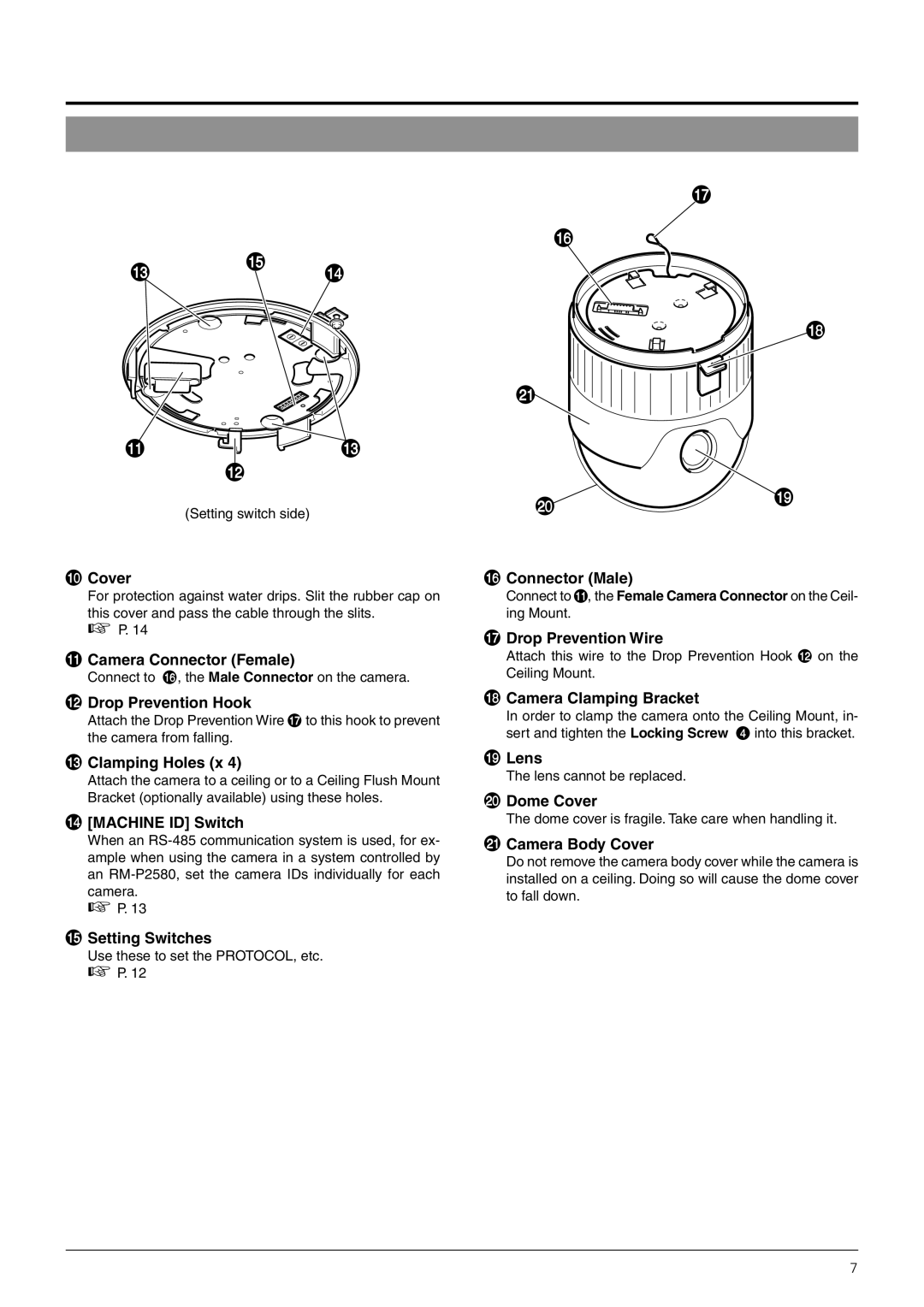 JVC TK-C676 manual Cover, Camera Connector Female, @ Drop Prevention Hook, # Clamping Holes x, $ Machine ID Switch, Lens 