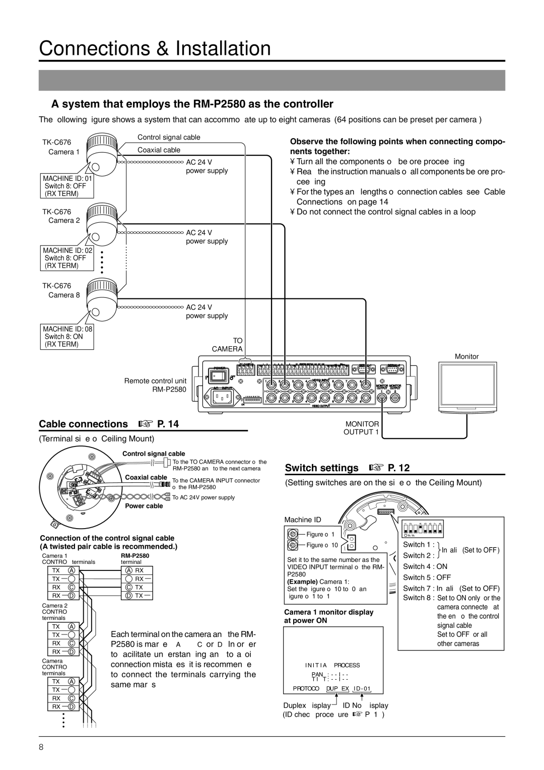 JVC TK-C676 manual Multi-Drop Communication System, Cable connections P, Switch settings P, Nents together 