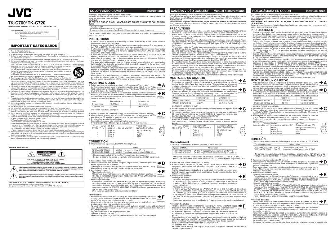 JVC TK-C720, TK-C700 operating instructions Precautions, Précautions, Precauciones, Montage D’UN Objectif, Mounting a Lens 