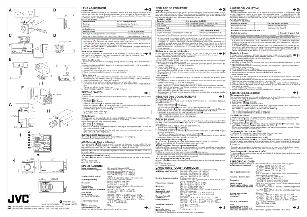 JVC TK-C700, TK-C720 Lens Adjustment, Setting Switch, Specifications, Réglage DE L’OBJECTIF, Réglage DES Commutateurs 