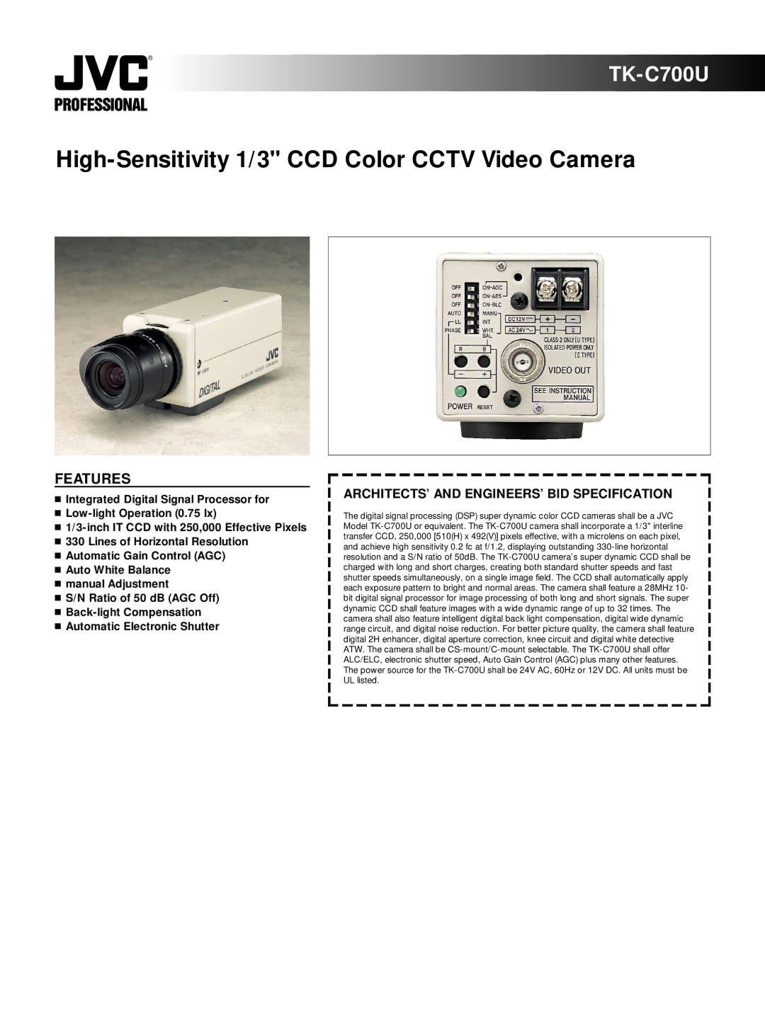 JVC TK-C700U manual High-Sensitivity 1/3 CCD Color Cctv Video Camera, Features 