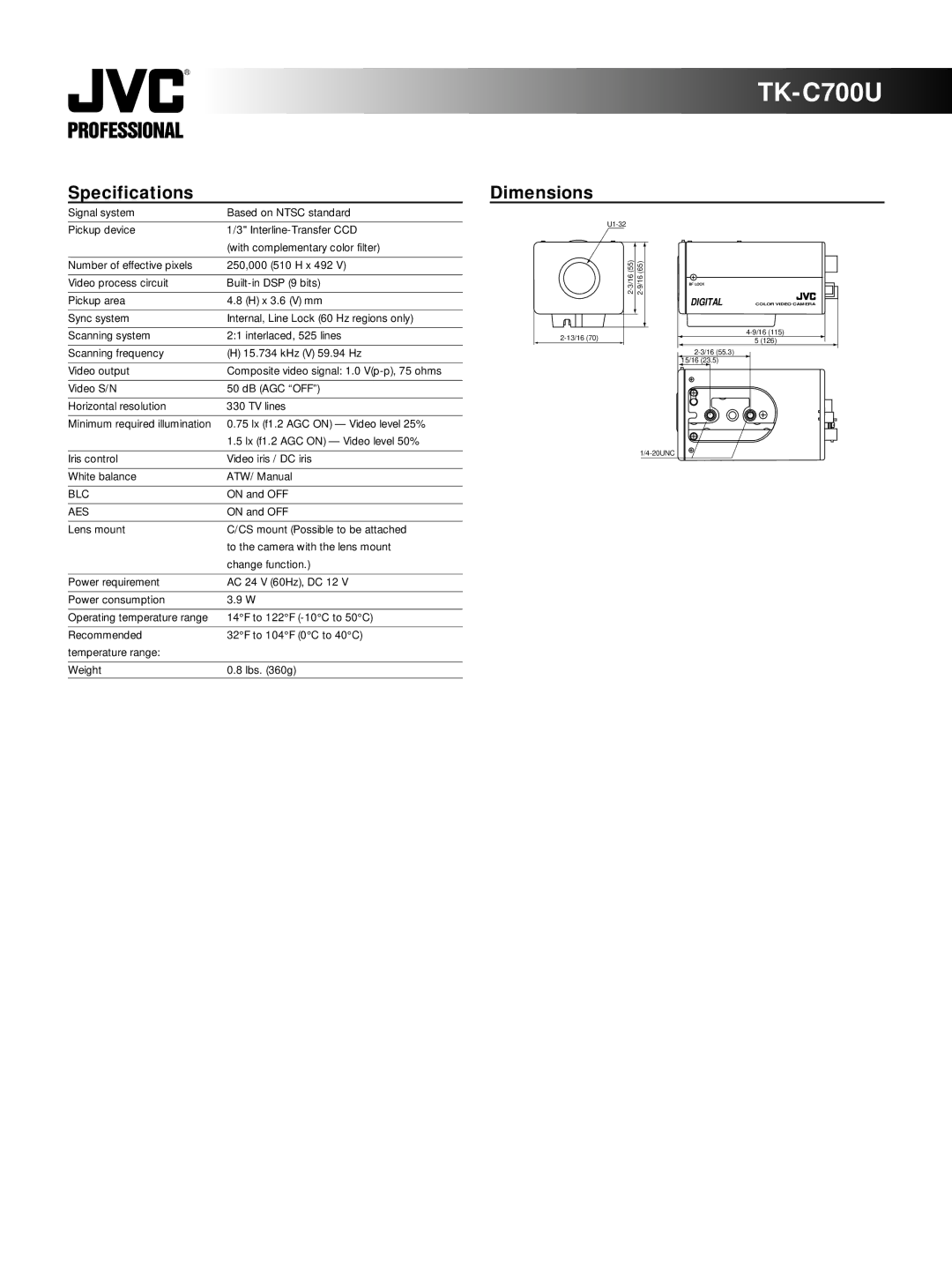 JVC TK-C700U manual TK- C700U, Specifications, Dimensions, Blc, Aes 