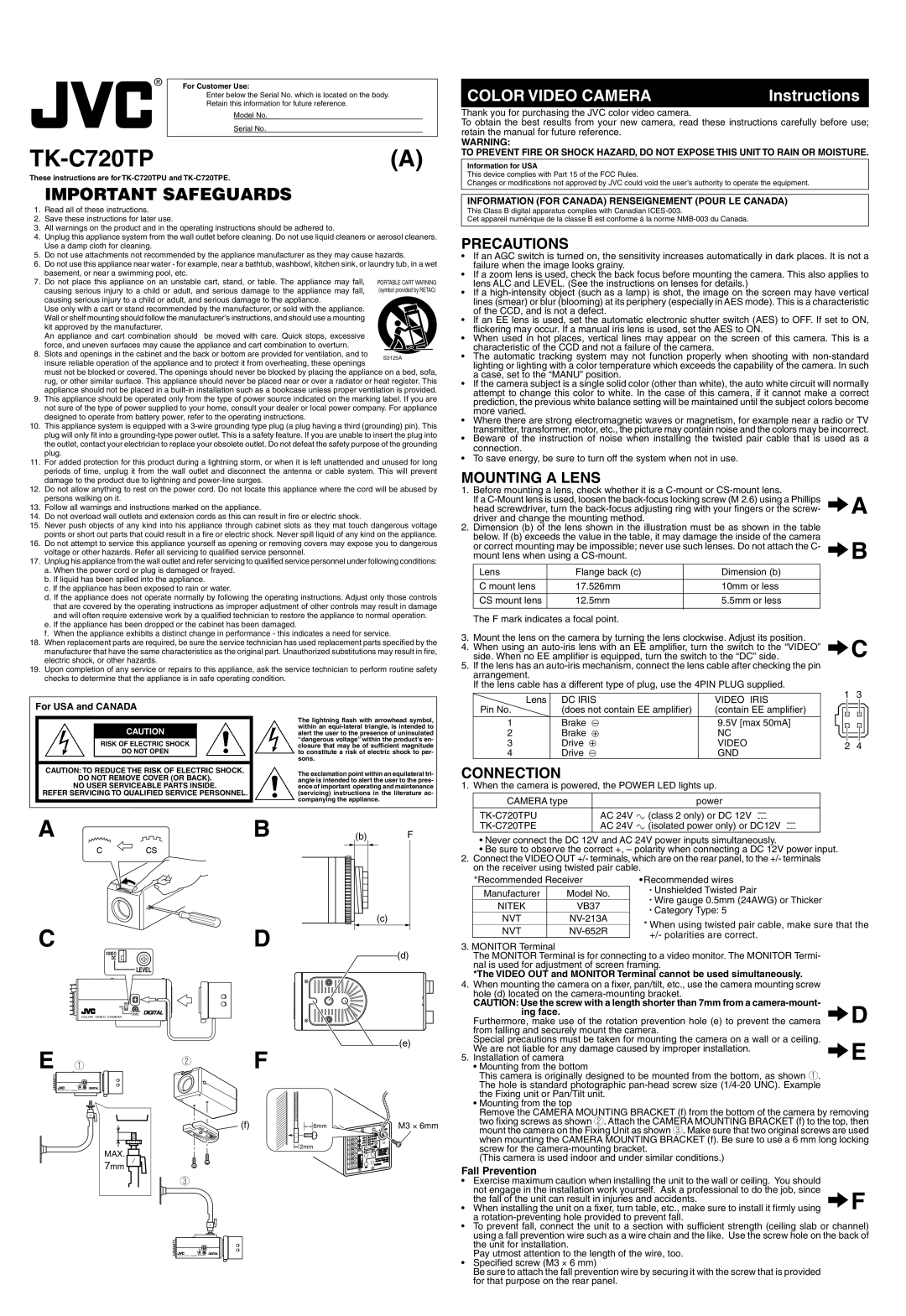 JVC TK-C720TP operating instructions Precautions, Mounting a Lens, Connection, For USA and Canada 