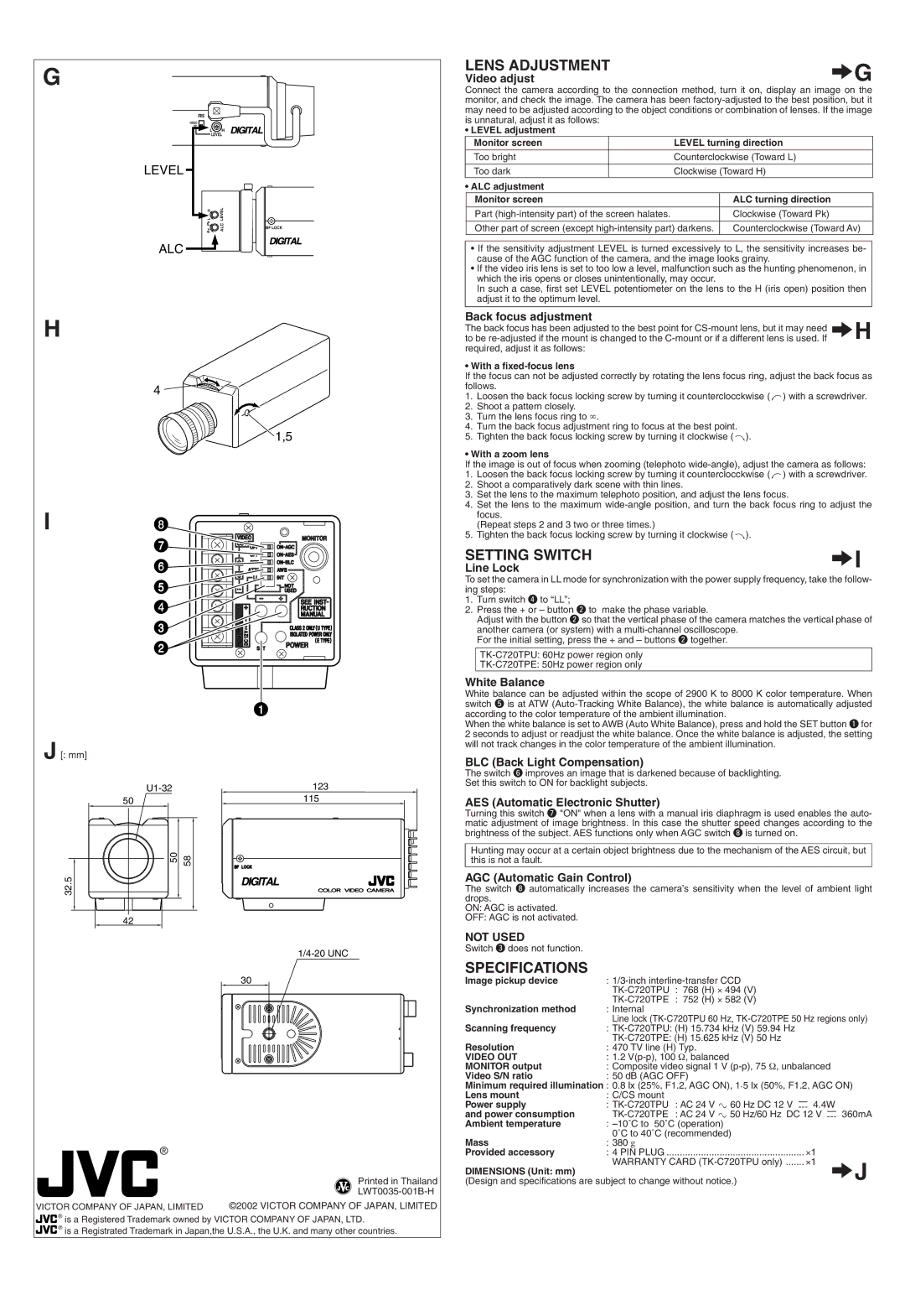 JVC TK-C720TP operating instructions Lens Adjustment, Setting Switch, Specifications 