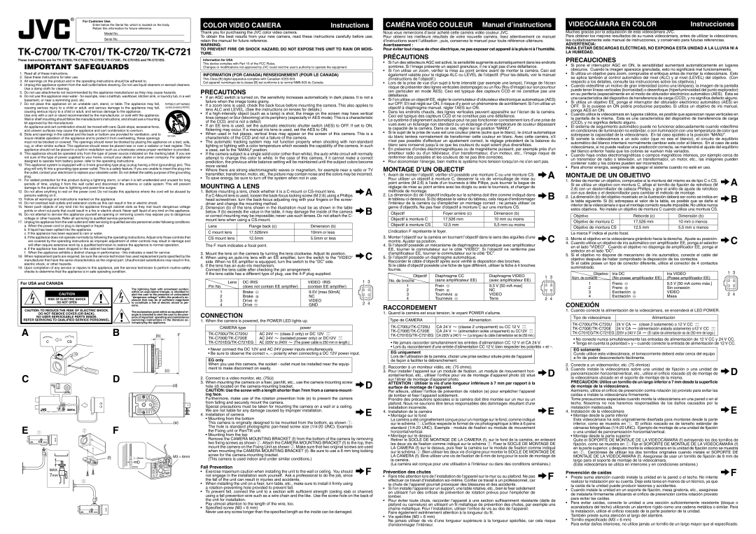 JVC TK-C700 operating instructions Precautions, Mounting a Lens, Connection, Précautions, Montage D’UN Objectif, Conexión 