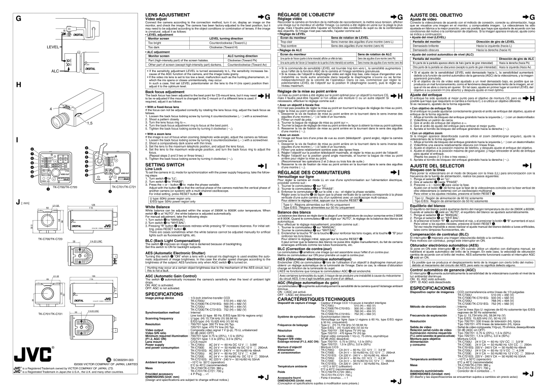 JVC TK-C720, TK-C721 Lens Adjustment, Setting Switch, Réglage DE L’OBJECTIF, Réglage DES Commutateurs, Ajuste DEL Objetivo 