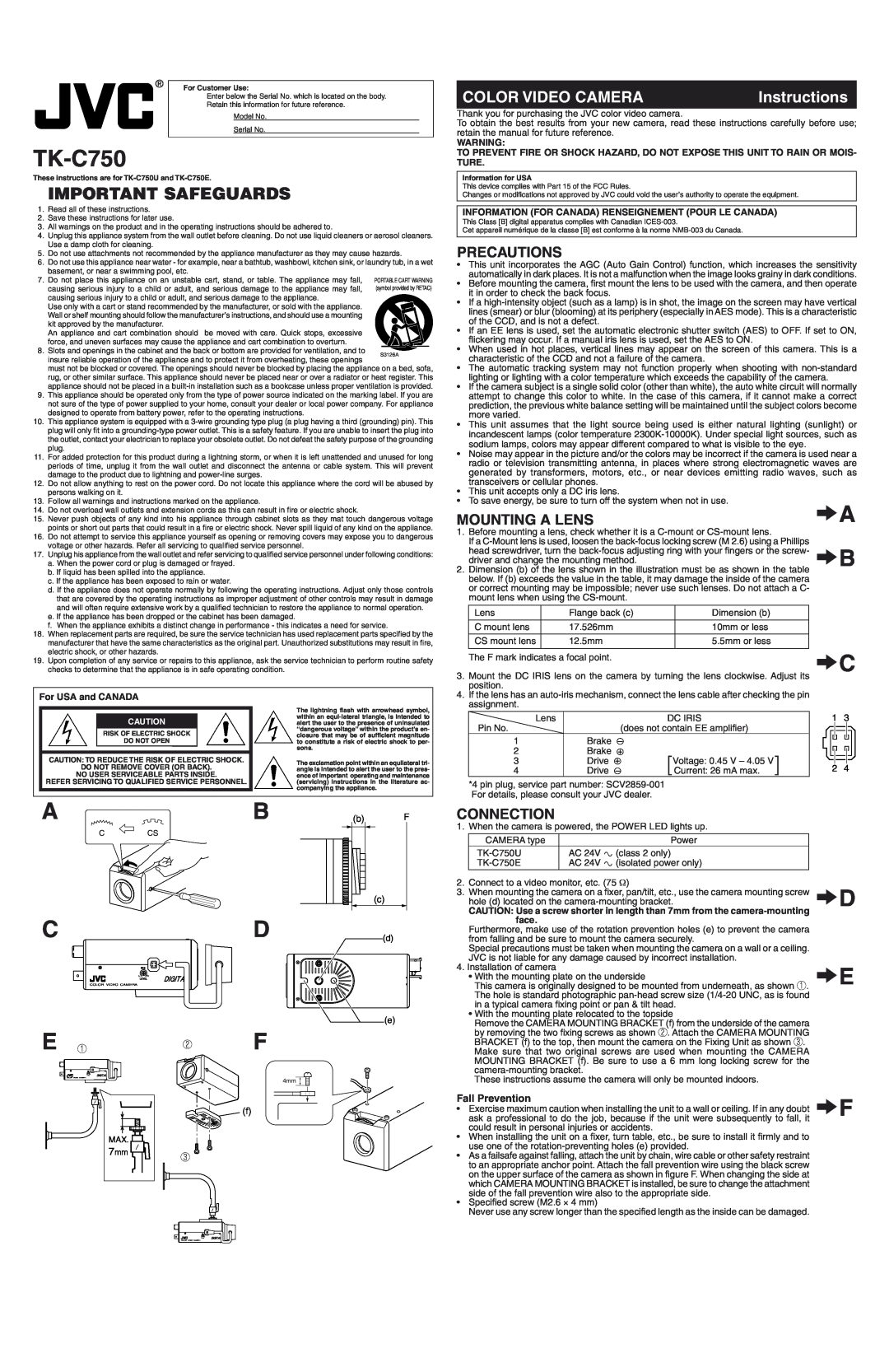 JVC TK-C750 operating instructions Precautions, Mounting A Lens, Connection, Important Safeguards, Color Video Camera 