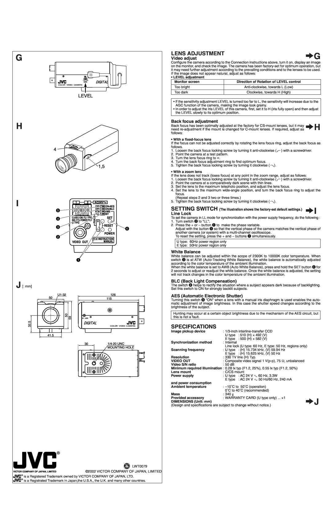 JVC TK-C750 Lens Adjustment, Specifications, Level, 5 4 3, Video adjust, Back focus adjustment, Line Lock, White Balance 