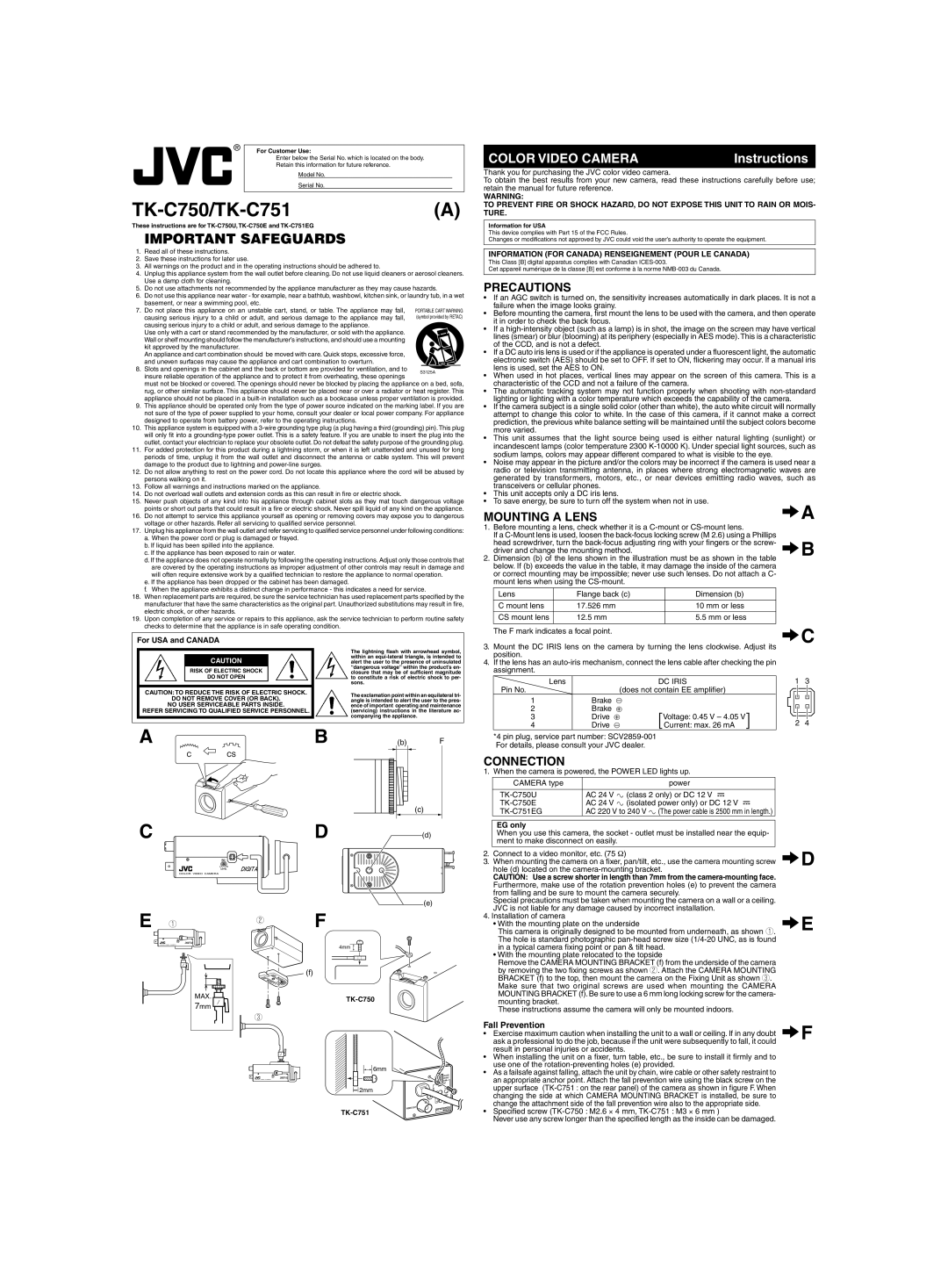 JVC TK-C751 operating instructions Precautions, Mounting a LENS∆A, Connection, EG only 