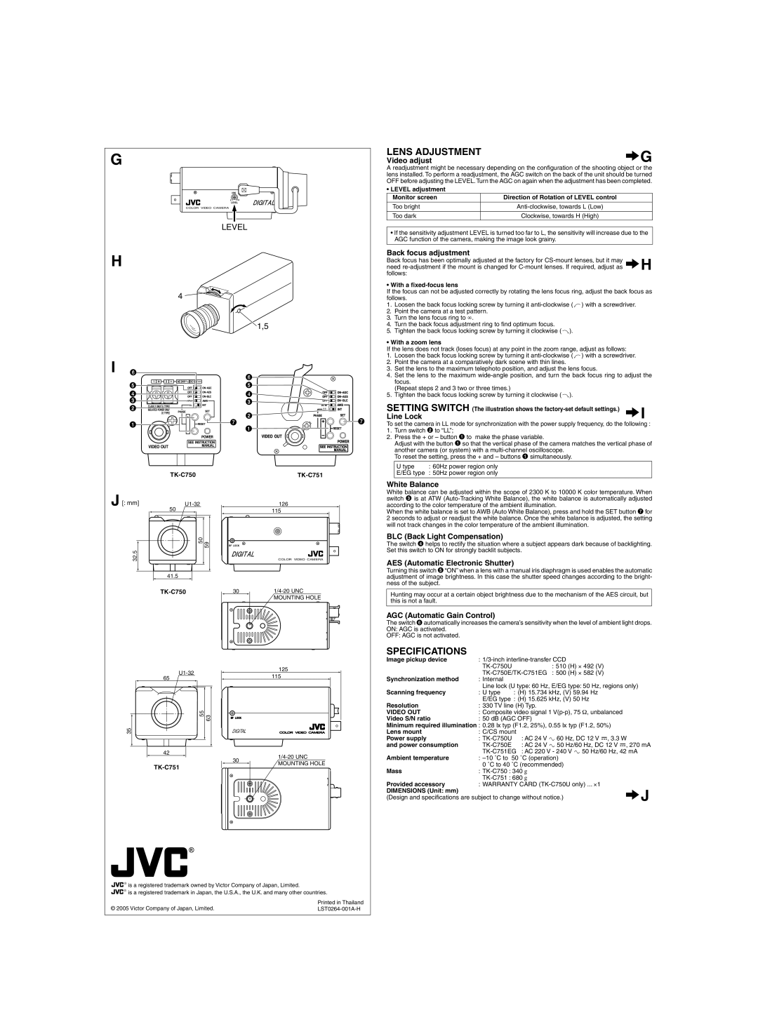 JVC TK-C751 operating instructions Lens Adjustment, Specifications 