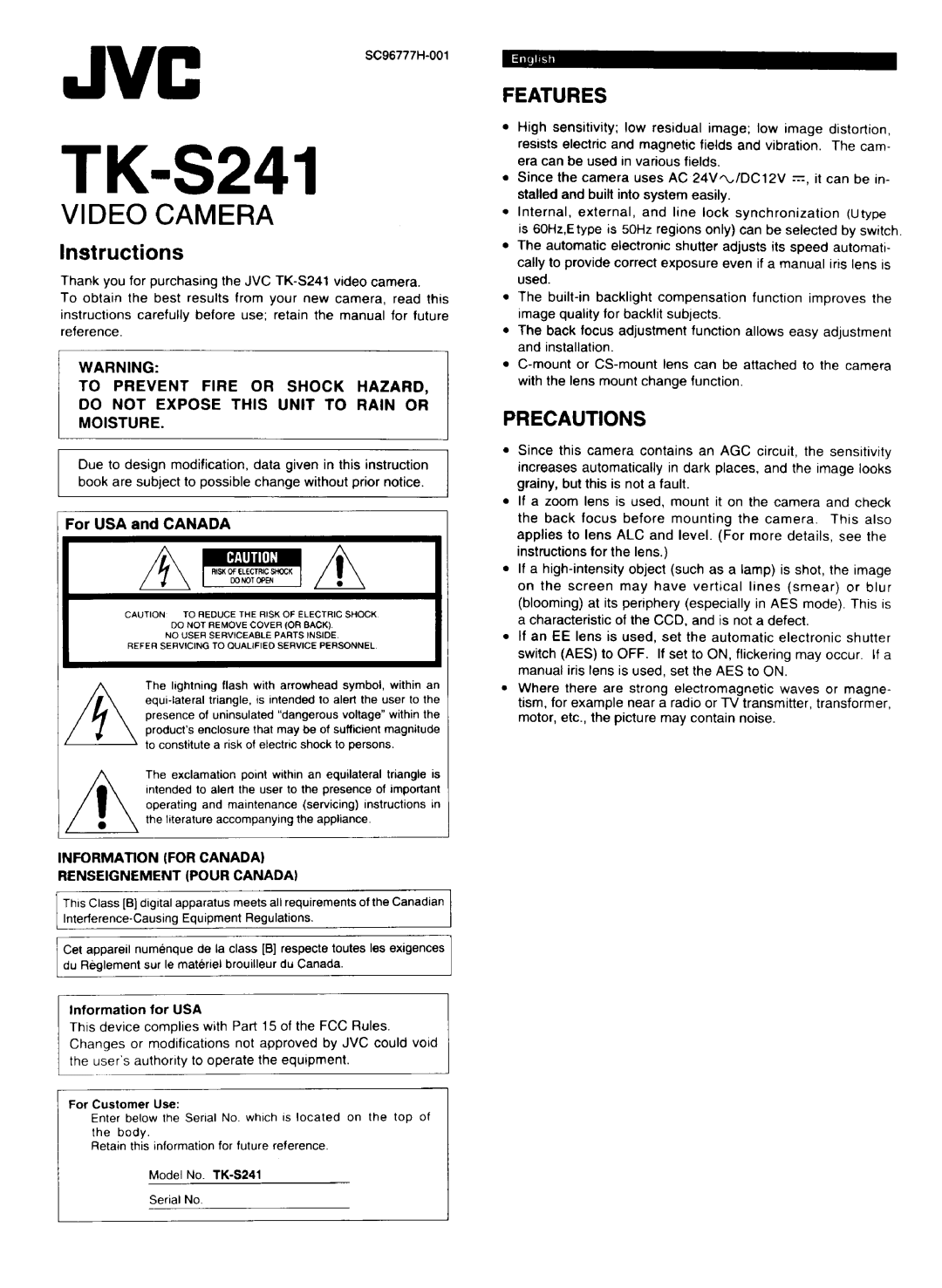 JVC TK-S241 manual 