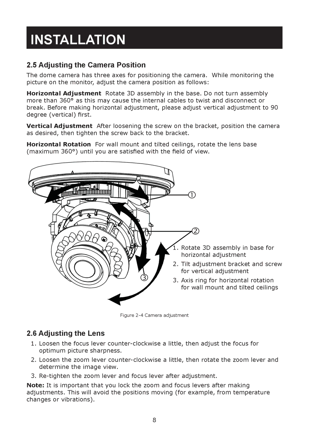 JVC TK-T2101RU, TK-T2101RE manual Adjusting the Camera Position, Adjusting the Lens 