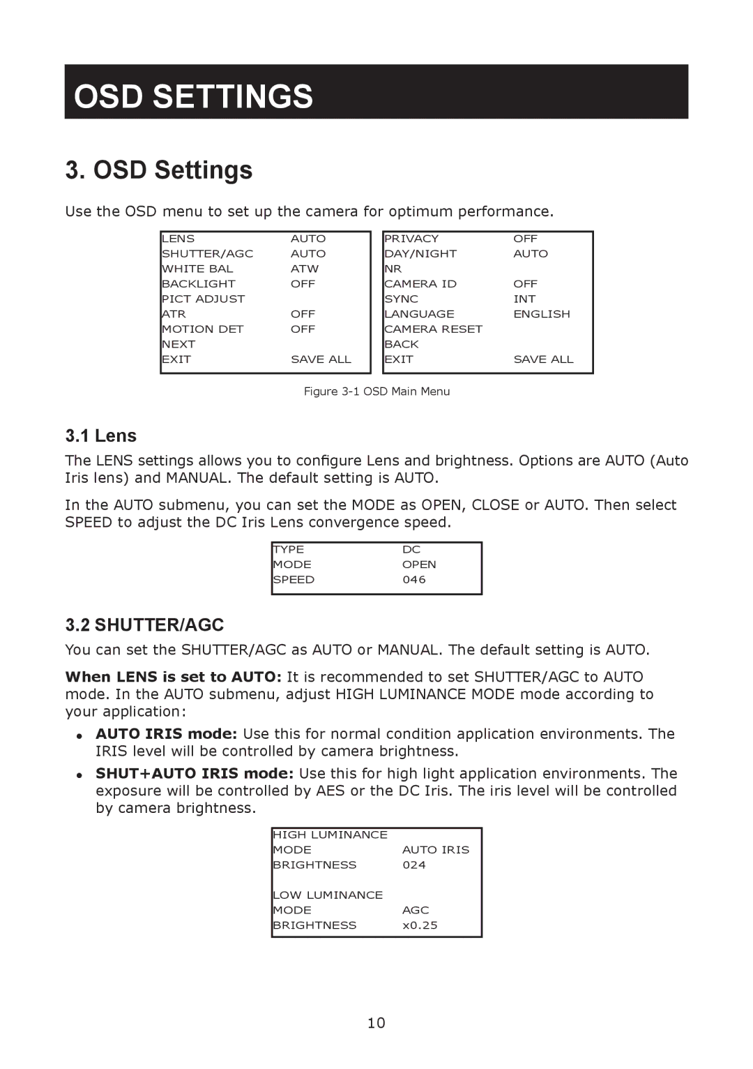 JVC TK-T2101RU, TK-T2101RE manual OSD Settings, Lens, Shutter/Agc 