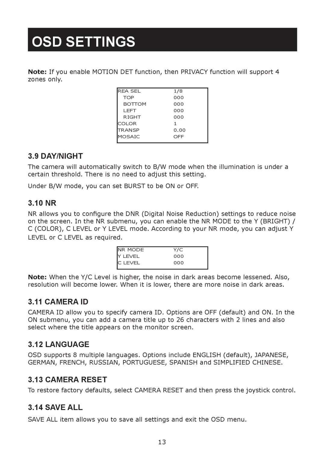 JVC TK-T2101RE, TK-T2101RU manual Day/Night, Camera ID, Language, Camera Reset, Save ALL 