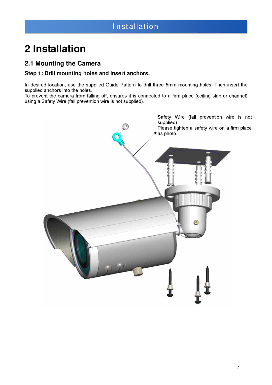 JVC TK-T8101WPRU, TK-T8101WPRE manual Installation, Mounting the Camera, Drill mounting holes and insert anchors 