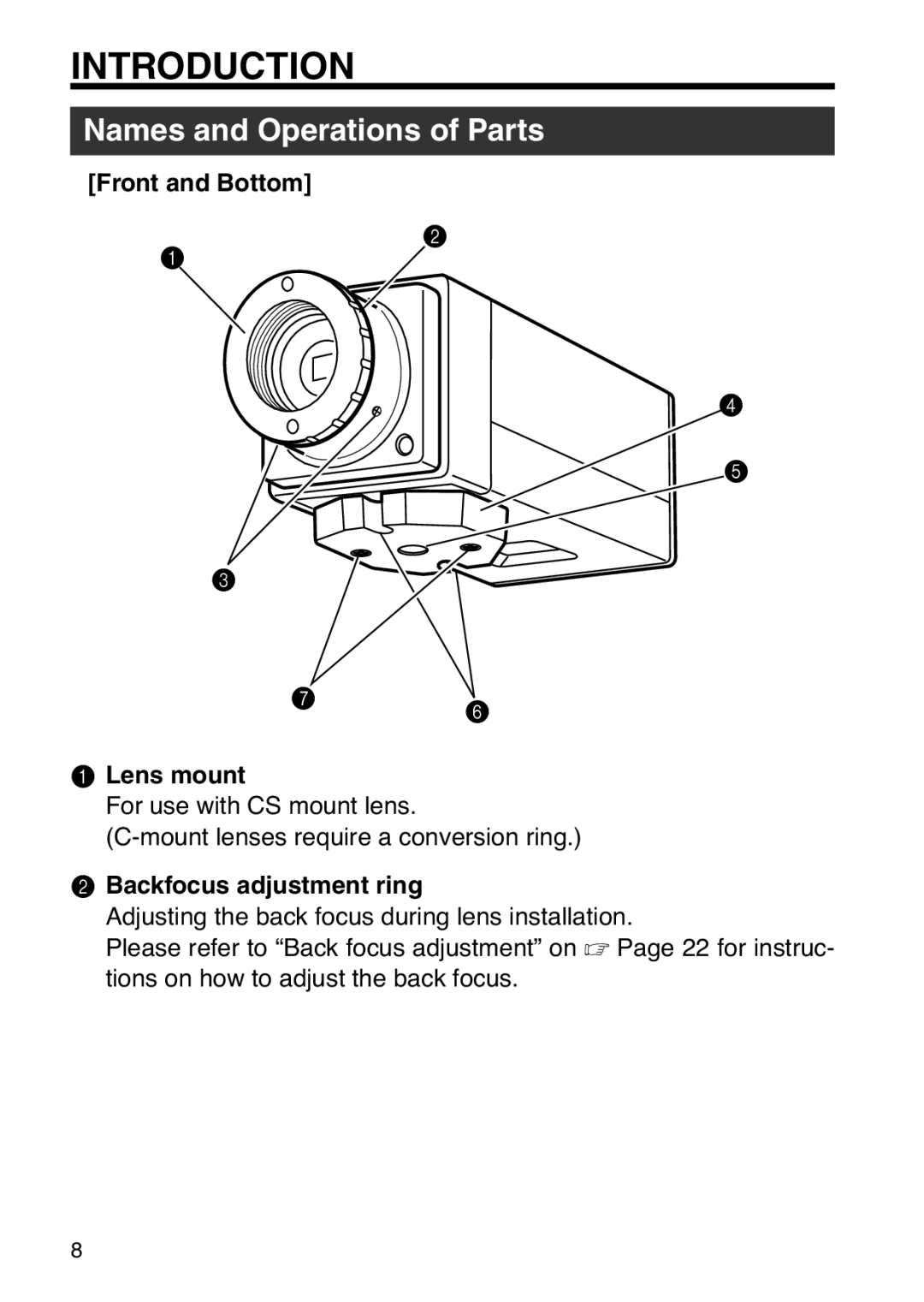 JVC TK-WD31 manual Names and Operations of Parts, Front and Bottom Lens mount, Backfocus adjustment ring 