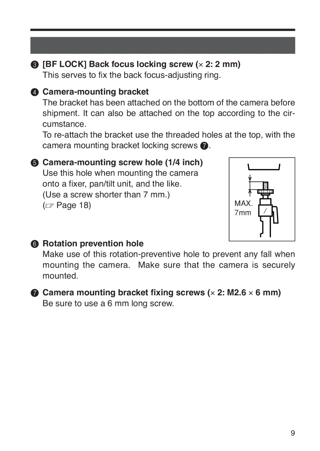 JVC TK-WD31 manual Camera-mounting bracket, Use a screw shorter than 7 mm, Rotation prevention hole 