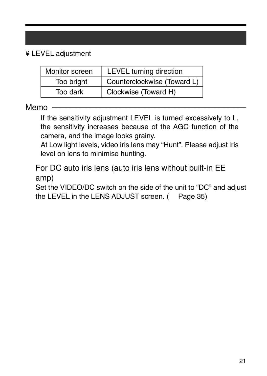 JVC TK-WD31 manual Level adjustment, Level turning direction, Too bright, Too dark Clockwise Toward H 