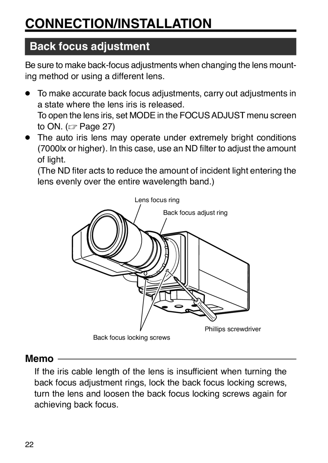 JVC TK-WD31 manual Back focus adjustment 