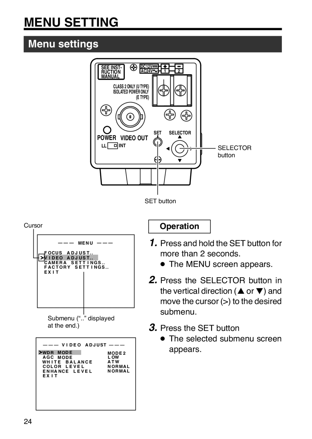 JVC TK-WD31 manual Menu settings, Operation 