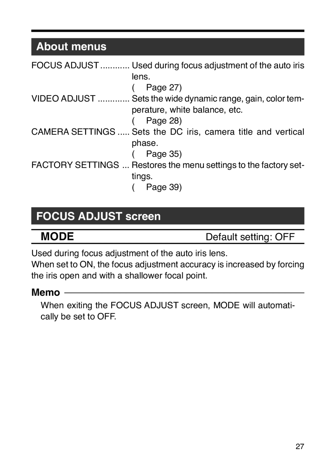 JVC TK-WD31 manual About menus, Focus Adjust screen, Mode, Default setting OFF 