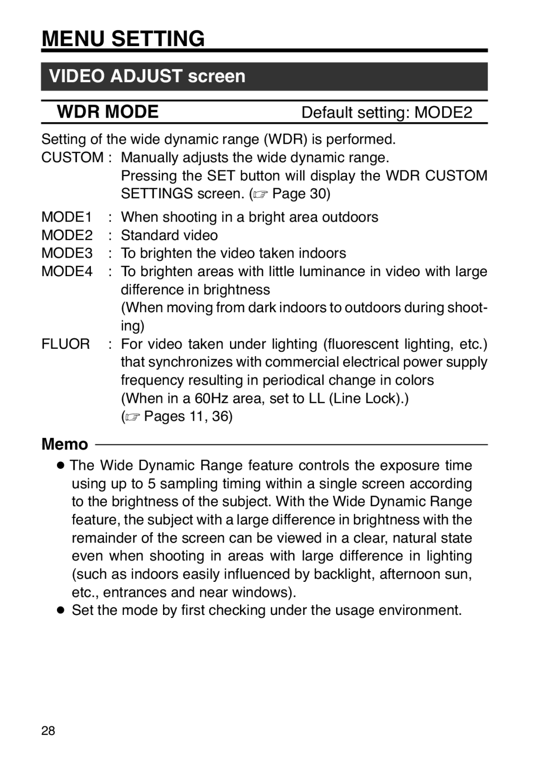 JVC TK-WD31 manual Video Adjust screen, WDR Mode 