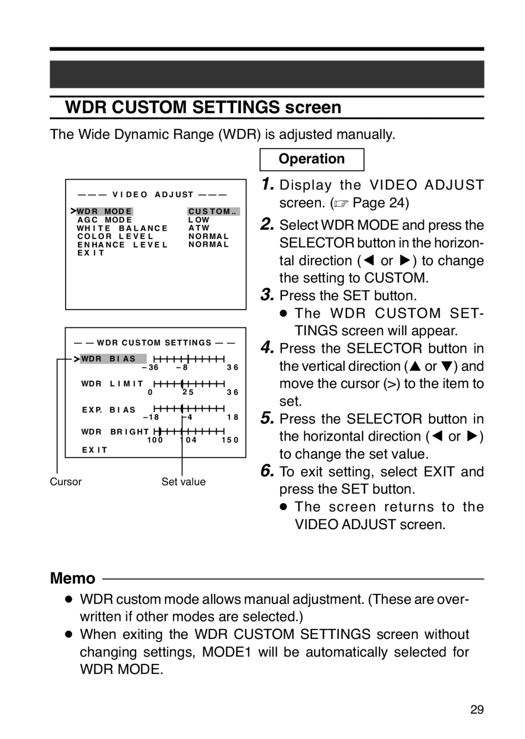 JVC TK-WD31 Wide Dynamic Range WDR is adjusted manually, WDR Mode 